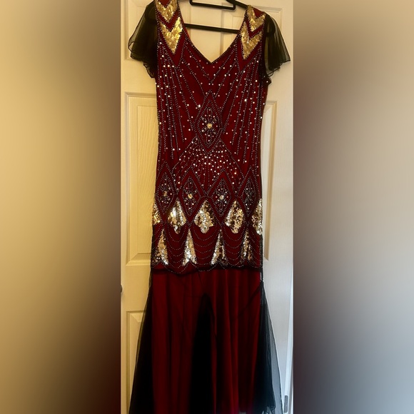 1920’s Flapper Dress Ruby Red Bejeweled Floor Length - Picture 3 of 4